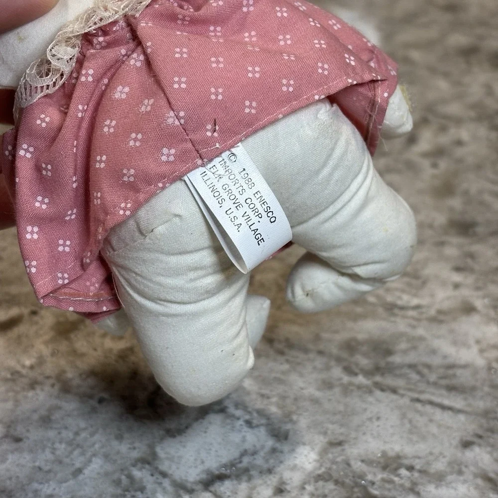 Rare Vintage Enesco 1980s Mini Plush Kitten White Cat Easter Dress Basket Decor